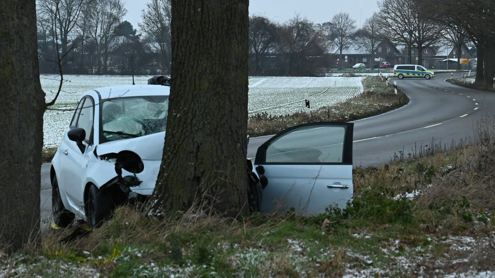 Das Bild zeigt das Unfallfahrzeug vor einem Baum.