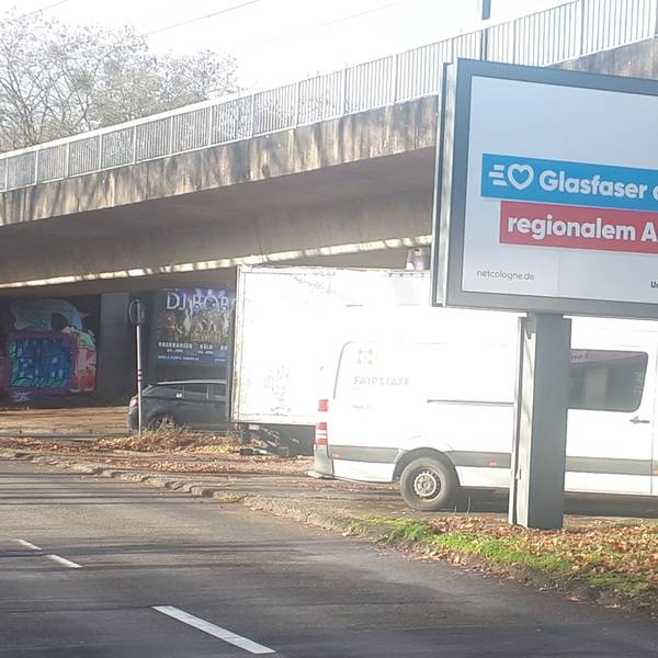 Autos parken zwischen den Pfeilern einer Hochbahntrasse.