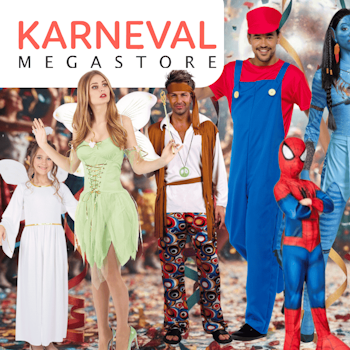 Eine Auswahl an Karnevalskostüme wie Avatar, Super Mario, Minnie Mouse, Tinker Bell, Hippie, Spider Man, Harry Potter und Engel vor einem Party Hintergrund.