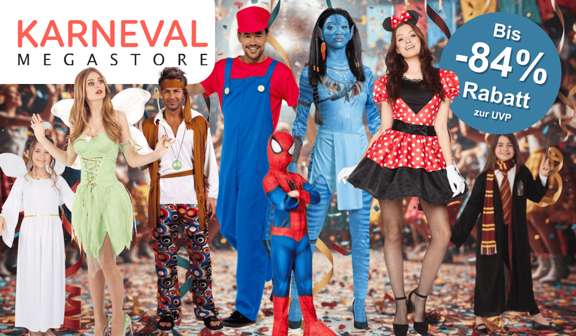 Eine Auswahl an Karnevalskostüme wie Avatar, Super Mario, Minnie Mouse, Tinker Bell, Hippie, Spider Man, Harry Potter und Engel vor einem Party Hintergrund.