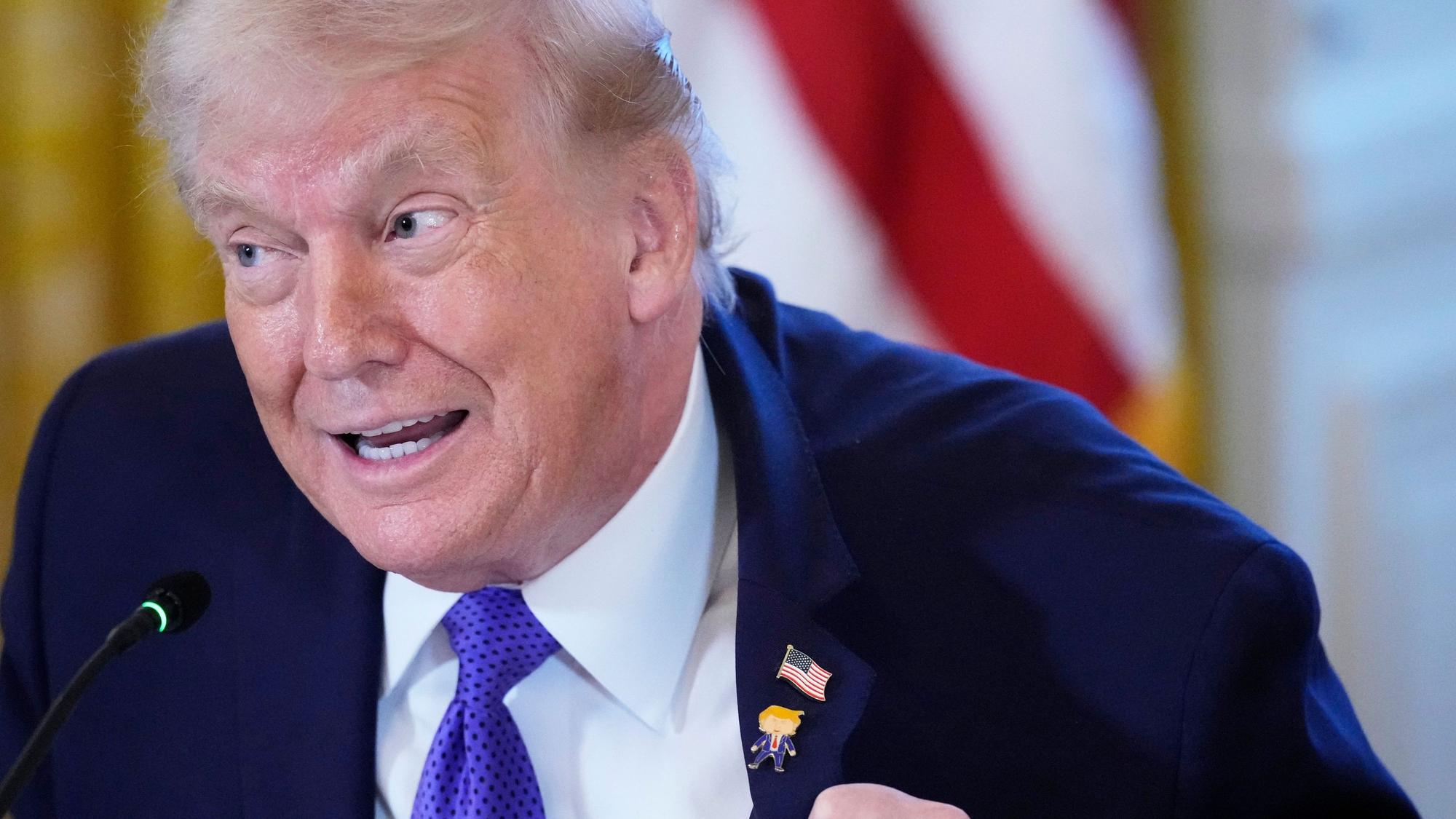 09.01.2026, USA, Washington: US-Präsident Donald Trump trägt ein Geschenk, das er «Happy Trump»-Anstecknadel nennt, während eines Treffens mit Ölmanagern im East Room des Weißen Hauses. Foto: Alex Brandon/AP/dpa +++ dpa-Bildfunk +++