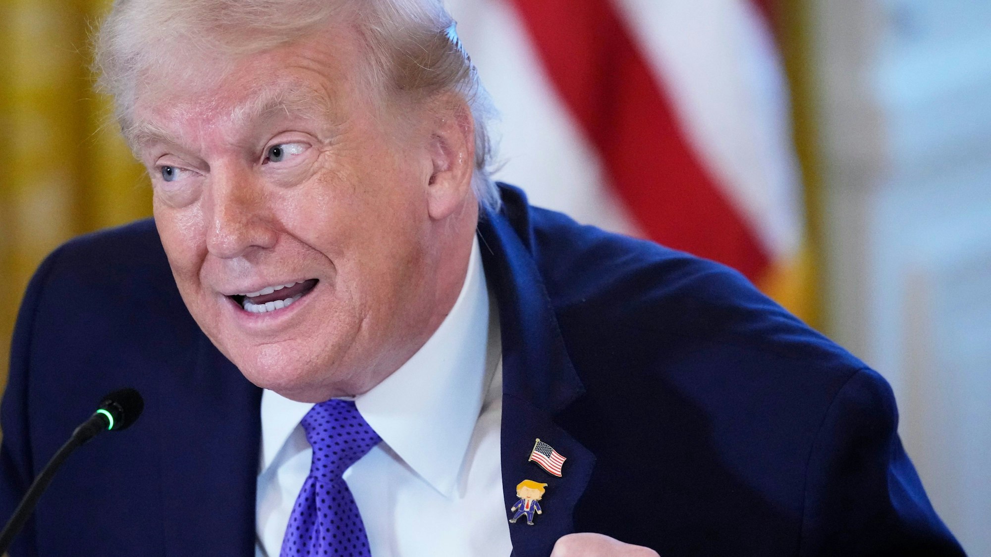 09.01.2026, USA, Washington: US-Präsident Donald Trump trägt ein Geschenk, das er «Happy Trump»-Anstecknadel nennt, während eines Treffens mit Ölmanagern im East Room des Weißen Hauses. Foto: Alex Brandon/AP/dpa +++ dpa-Bildfunk +++