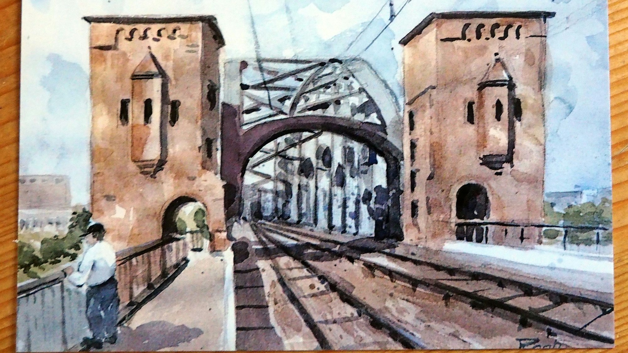 Ein Aquarell zeigt die Kölner Südbrücke.