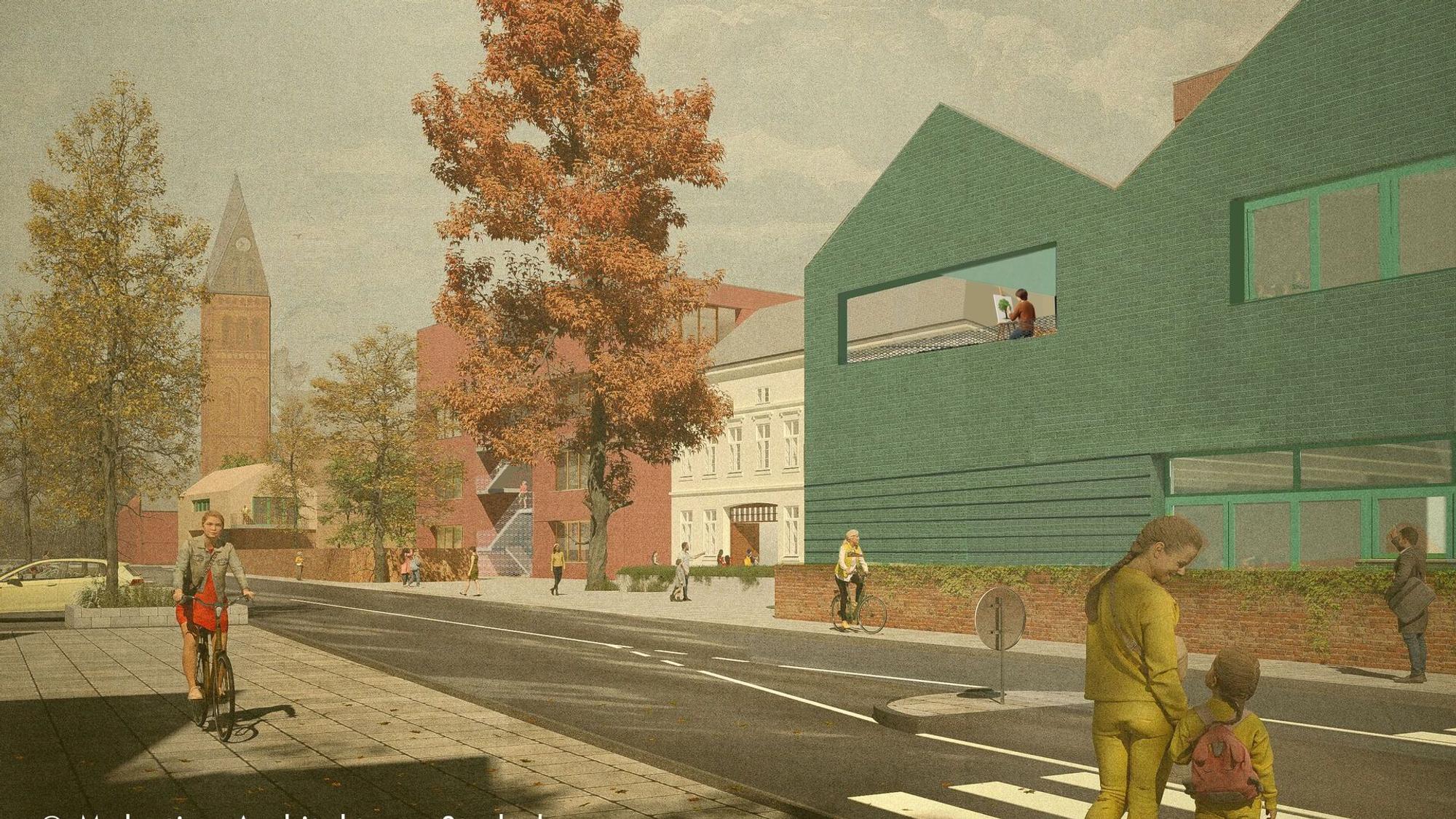 Eine Visualisierung zeigt eine Straße, an der ein großes Schulgebäude neben einem alten historischen Gebäude zu sehen ist. Im Hintergrund die Rochuskirche.