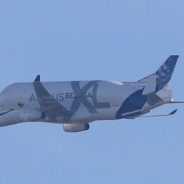 Ein Airbus-Beluga-XL-Transportflugzeug ist im Landeanflug auf einen Flughafen zu sehen. (Archivfoto)