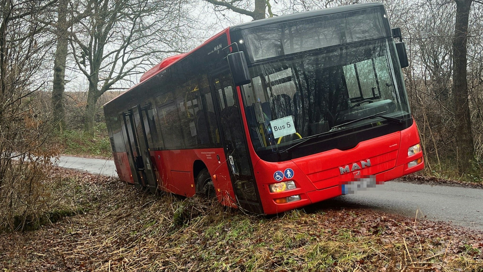 Ein Schulbus ist in Ruppichteroth zwischen Bornscheid und Kammerich von der Straße abgekommen.