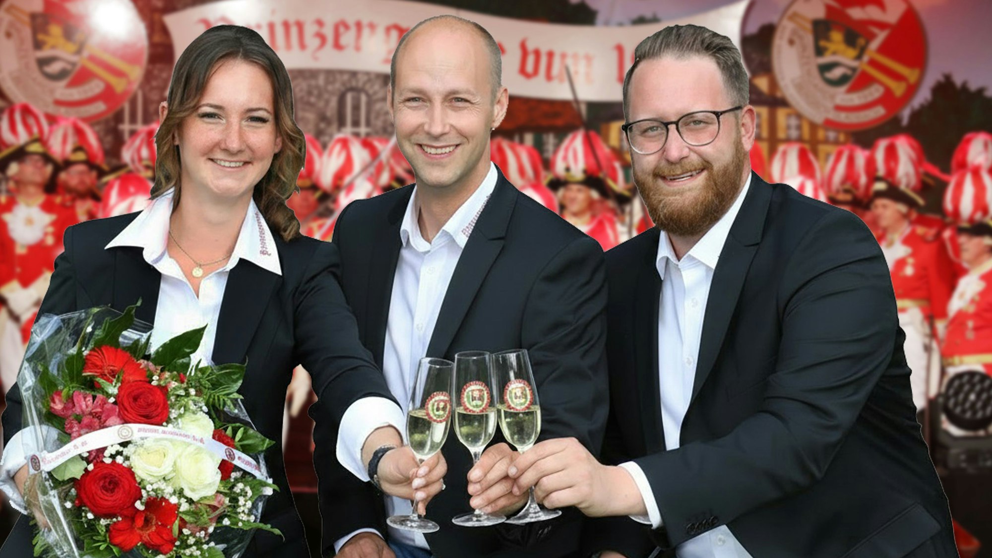 Prinz in spe Thomas III. (Schmitz, Mitte), Bauer Maurice (Jakobs) und Jungfrau Lea (Rodenbach) stoßen beim Uniformappell der Prinzengarde an.