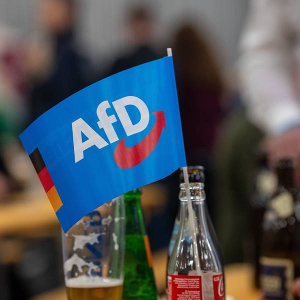 Ein Fähnchen der Alternative für Deutschland (AfD) steckt in einer Flasche bei einer Veranstaltung. (Symbolfoto)