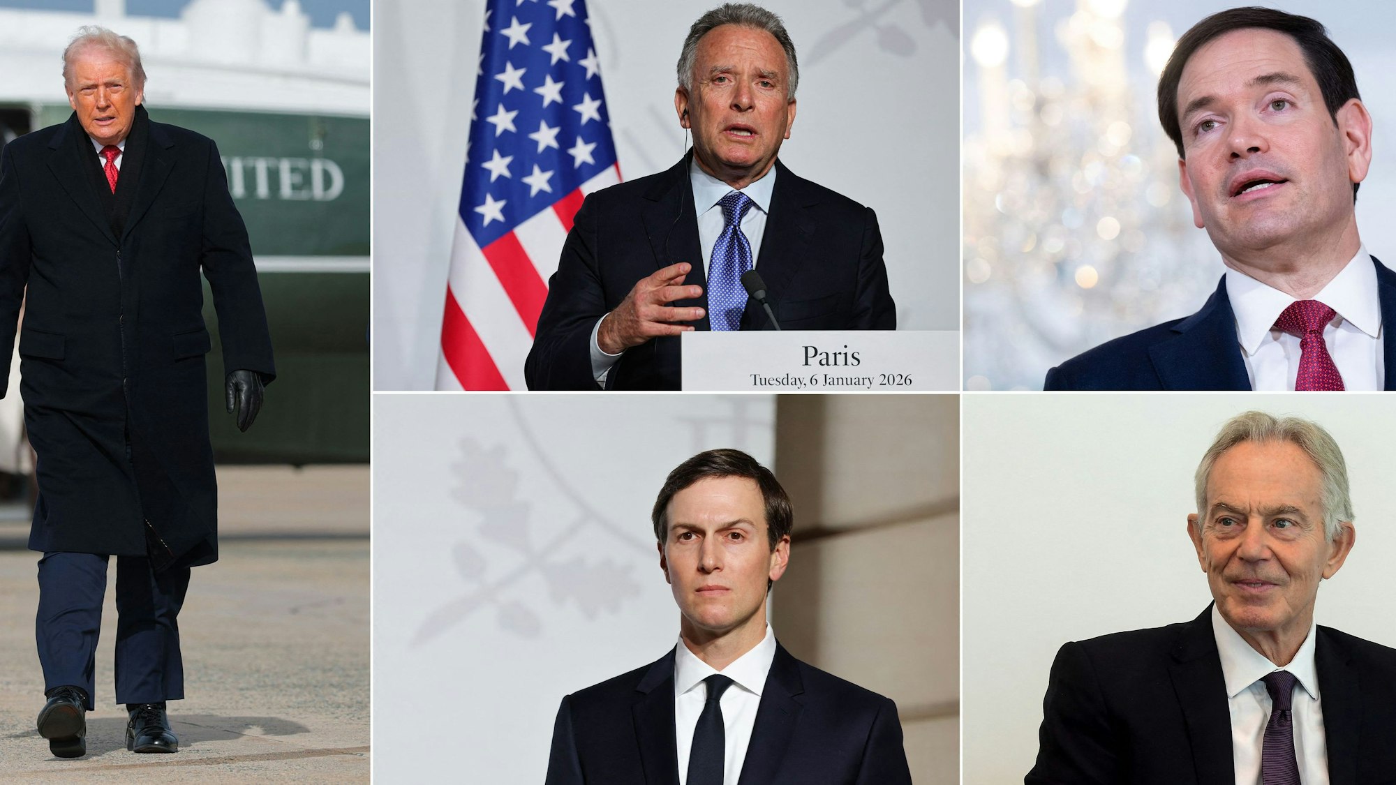 Sie alle sind im „Friedensrat“: Die Bildkombination zeigt Trump, den Sondergesandter der Vereinigten Staaten für den Nahen Osten Steve Witkoff, den US-Außenminister Marco Rubio, Trumps Schwiegersohn Jared Kushner und den ehemaligen Premierminister des Vereinigten Königreichs Tony Blair.