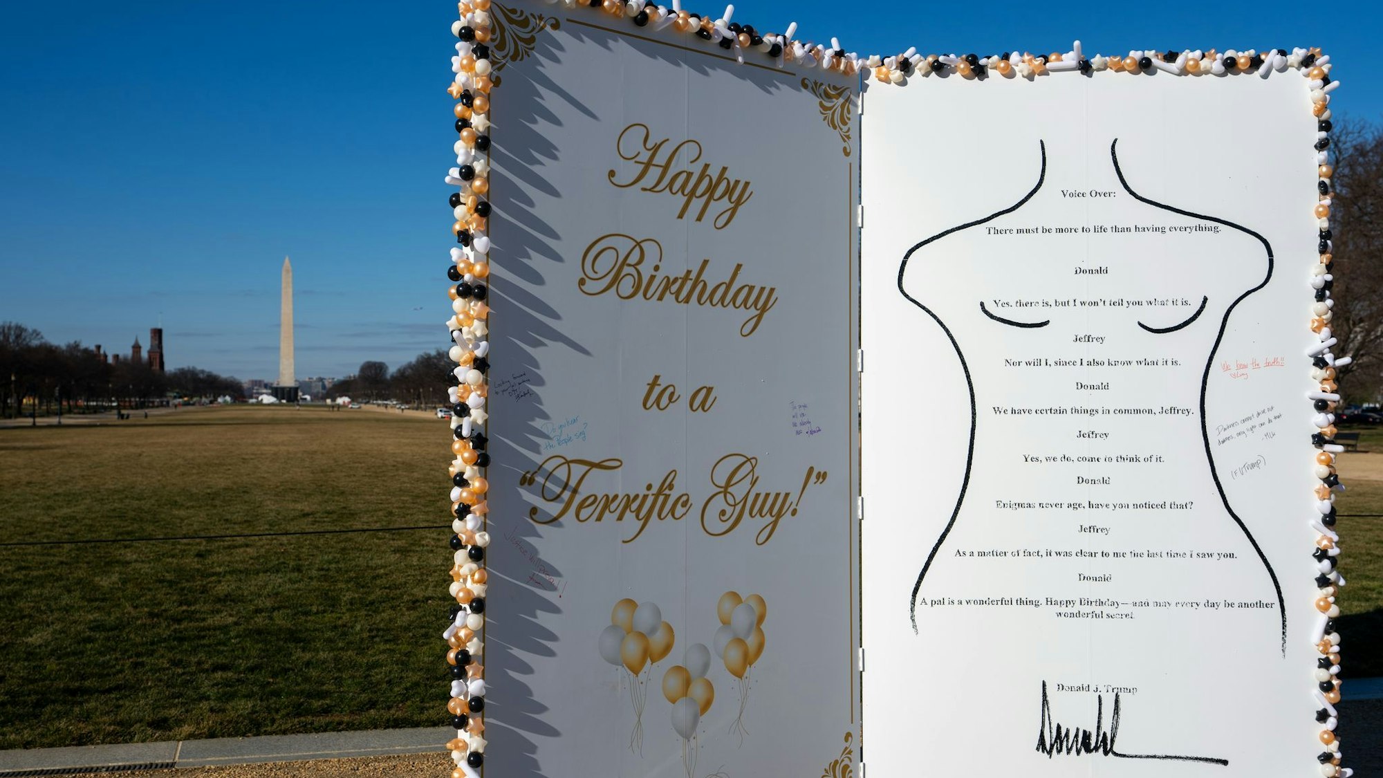 Eine Kunstaktion in Washington thematisiert einen alten Trump-Gruß an den Sexualstraftäter Jeffrey Epstein.