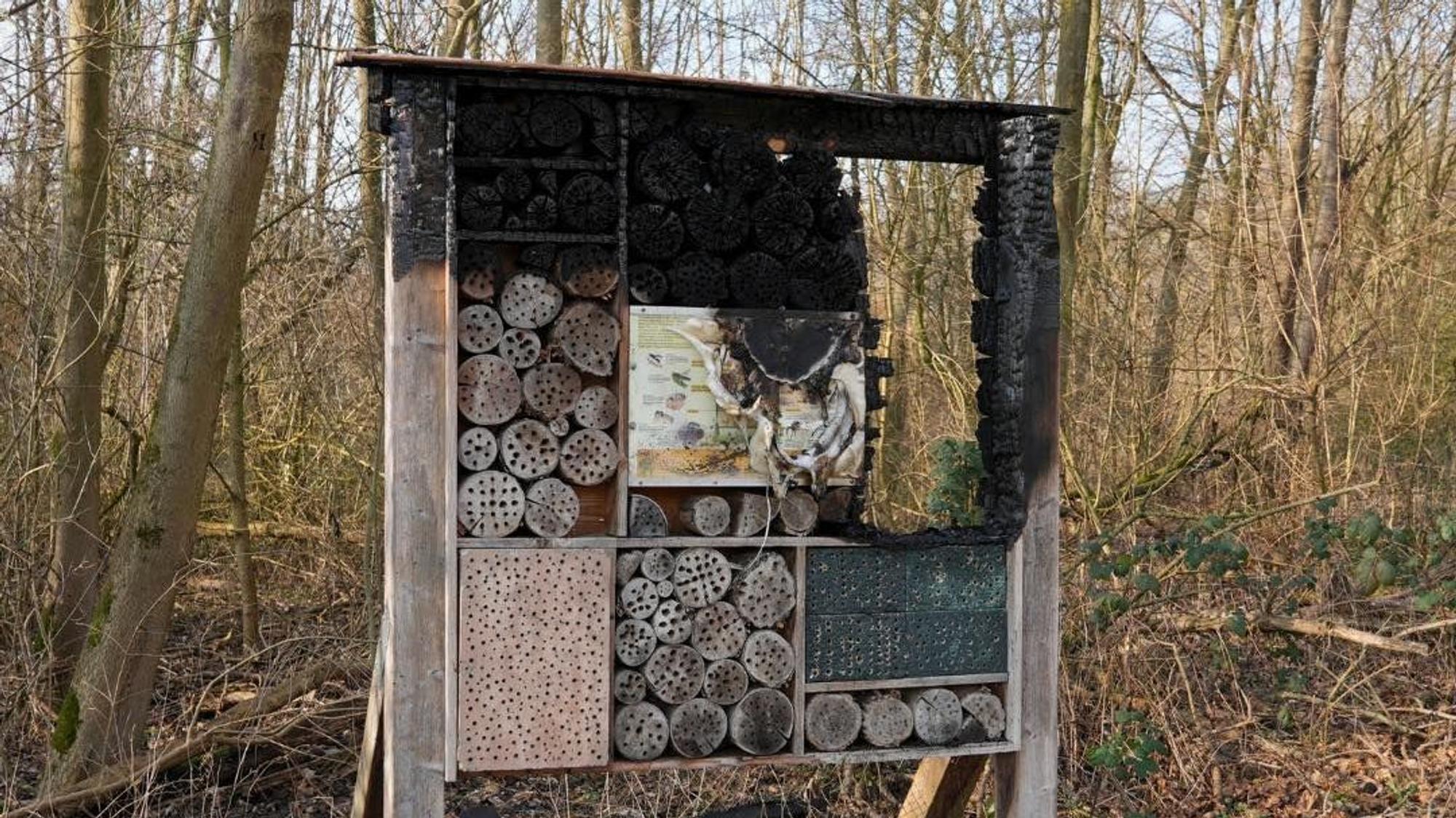 Zu sehen ist ein Insektenhotel aus Holz. Das Feuer hat ein Loch in das Holz gefressen, das in Teilen schwarz geworden ist.