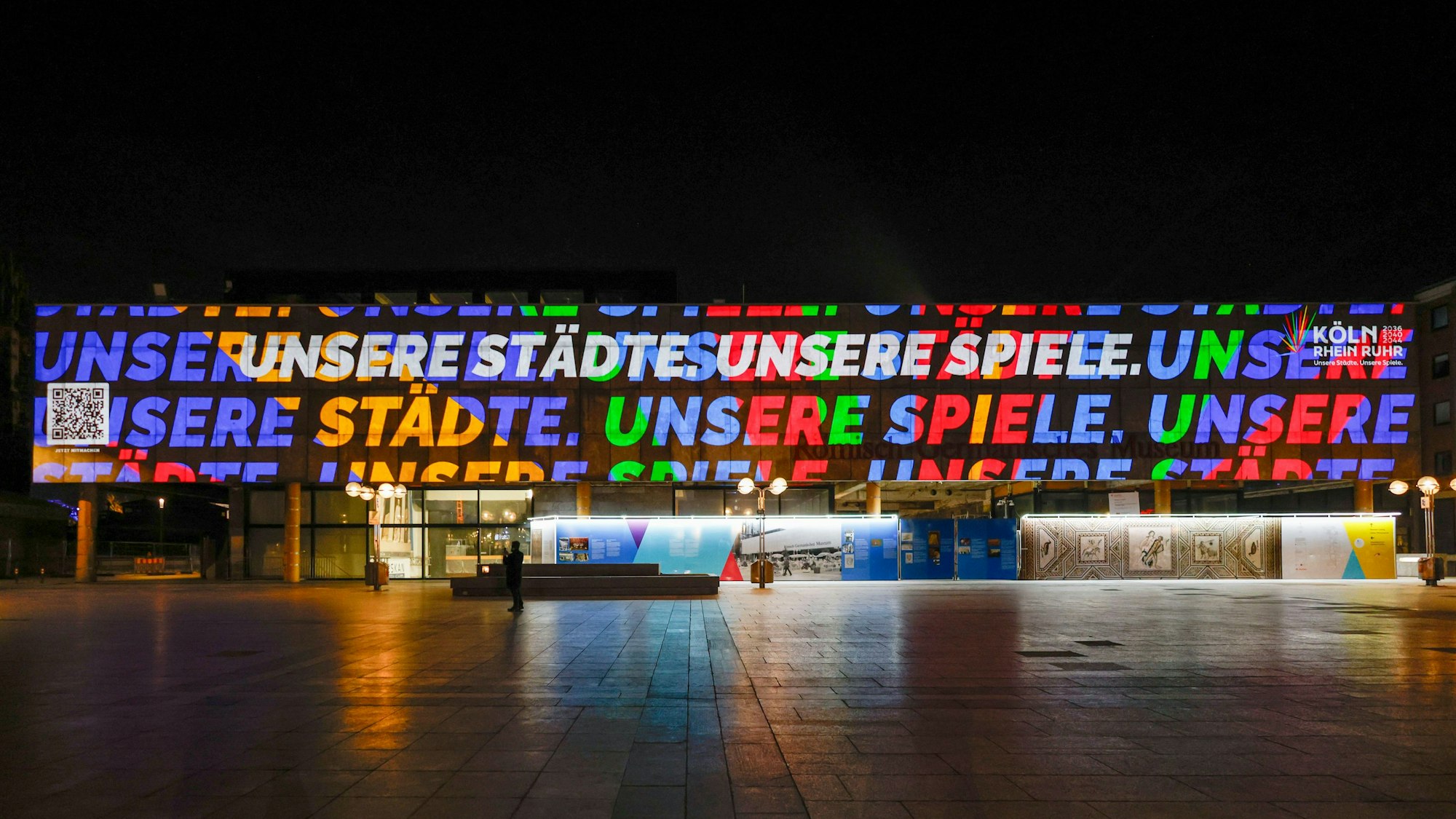 Eine Video-Installation am Römisch-Germanischen Museum in Köln wirbt für die Olympia-Bewerbung der Region „Köln Rhein Ruhr“ (Symbolbild).