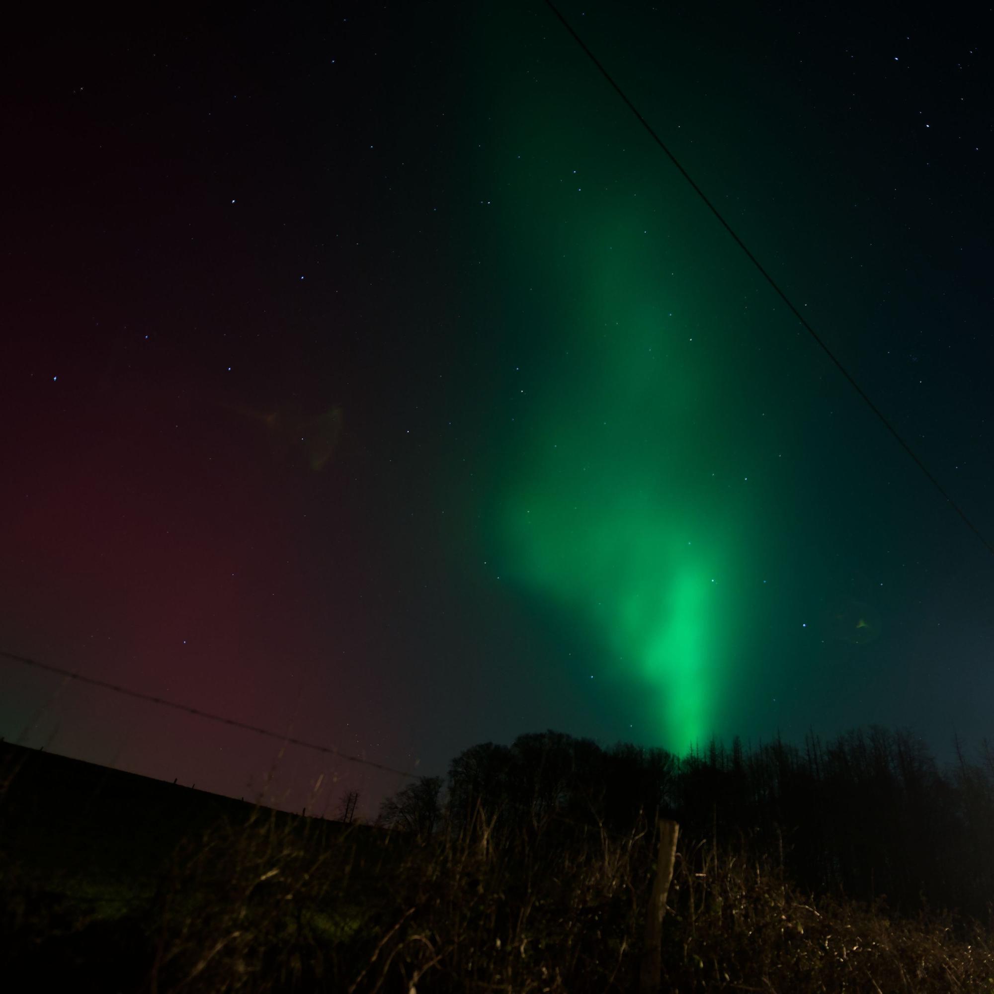 Das Foto zeigt bunte Polarlichter am Himmel über Linde