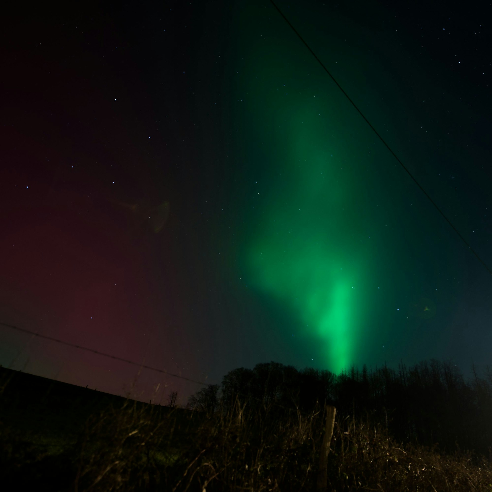 Das Foto zeigt bunte Polarlichter am Himmel über Linde