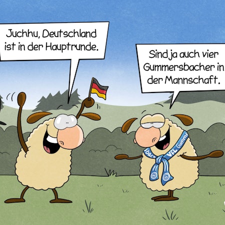 Zwei Schafe stehen auf einer Wiese. Eines hat eine Duetschlandfahne in der hand und ruft: „Juchhu, Deutschland ist in der Hauptrunde.“ Ein anderes Schaf trägt einen Fan-Schal des VfL Gummersbach um den Hals uns sagt: „Sind ja auch vier Gummersbacher in der Mannschaft.“