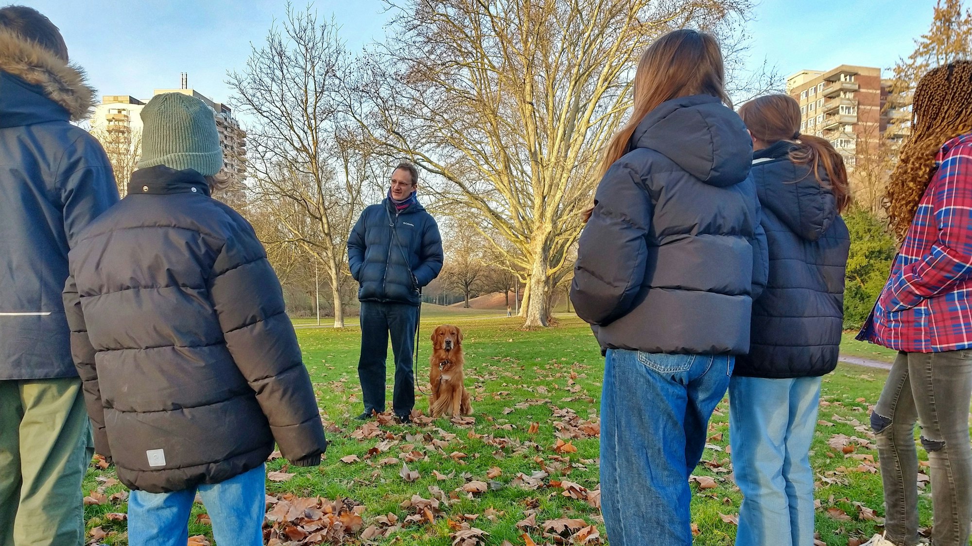 Golden Retriever Toni ist seit Sommer als Schulhund in der Europaschule im Einsatz. Lehrer Tom Kößling geht mit seinem Projektkurs auch in den benachbarten Vorgebirgspark.