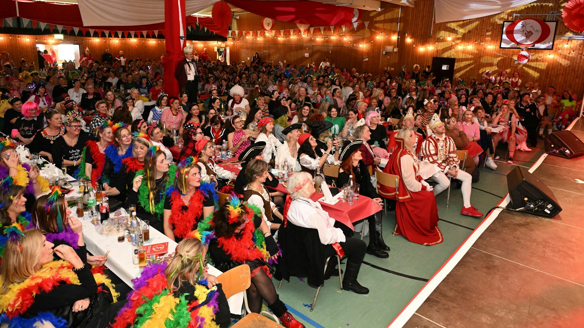Ein Saal voller verkleideter Menschen ist zu sehen.