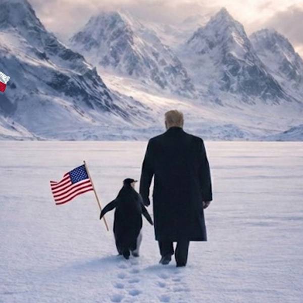 Meme vom Weißen Haus zu Grönland. Trump mit Pinguin an der Hand.