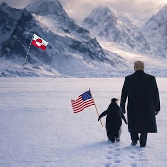 Meme vom Weißen Haus zu Grönland. Trump mit Pinguin an der Hand.