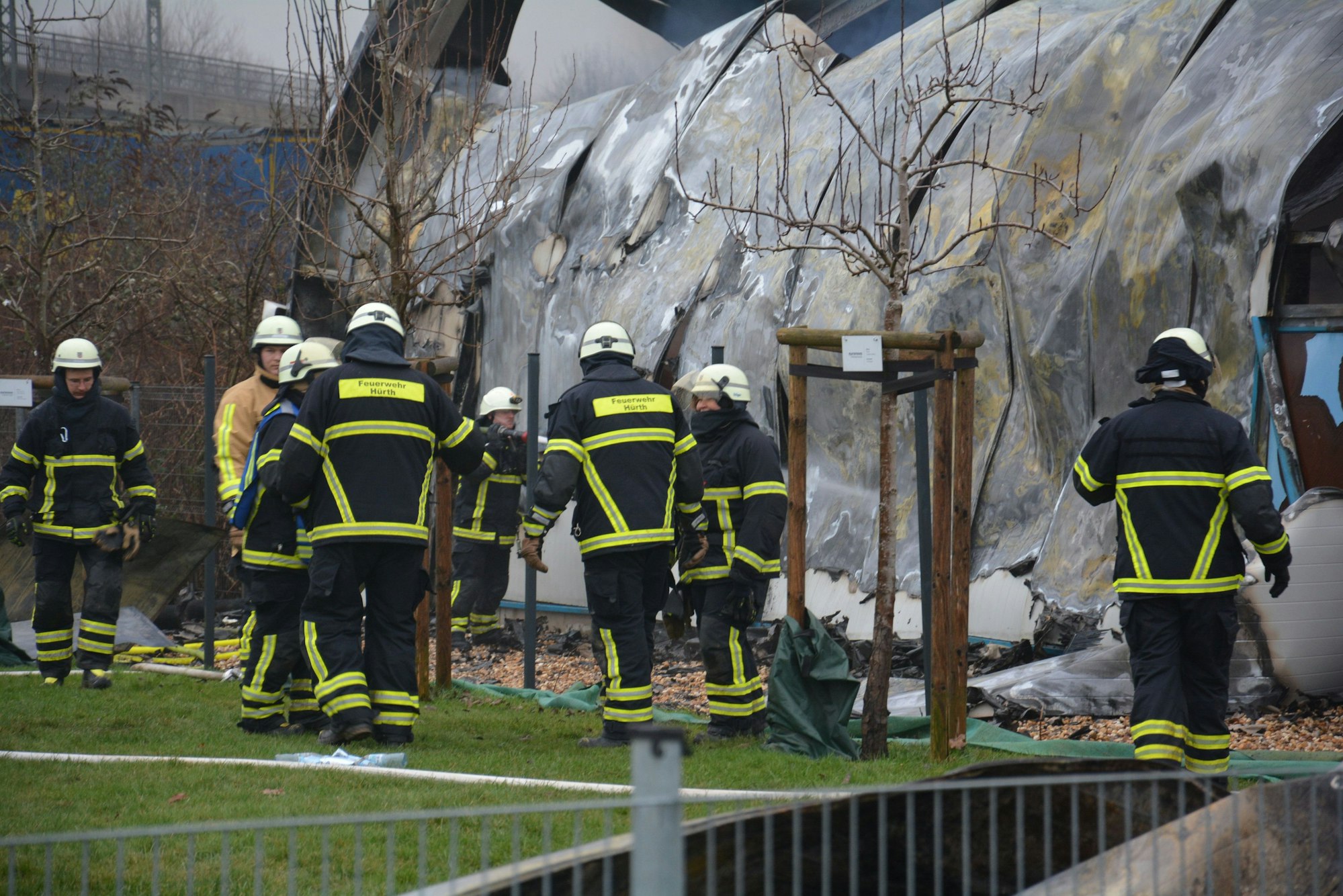 Das Bild zeigt mehrere Feuerwehrleute auf einer Wiese.