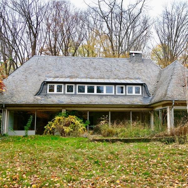 Ein großzügiges freistehendes Haus steht in einem verwilderten Garten.
