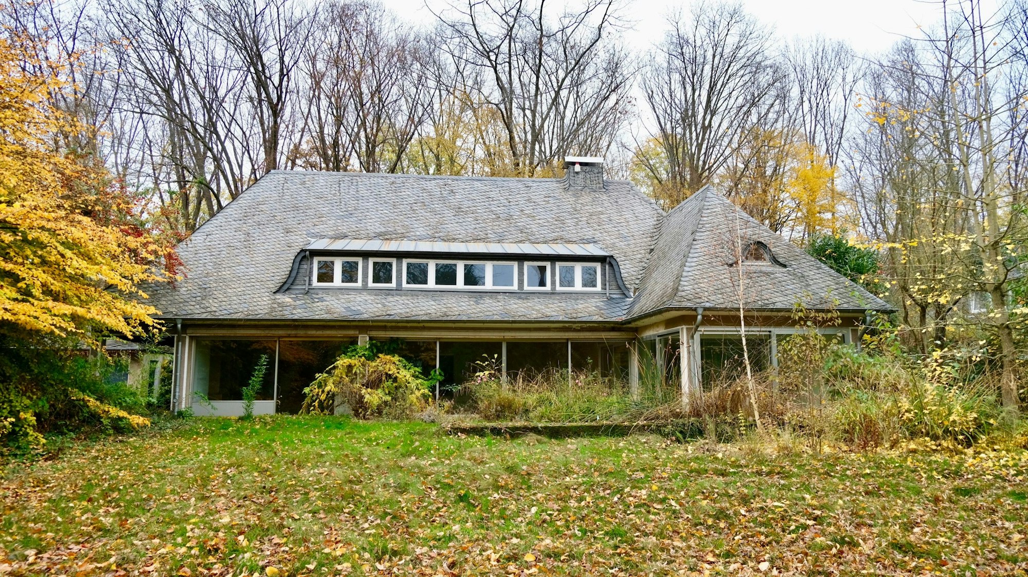 Ein großzügiges freistehendes Haus steht in einem verwilderten Garten.