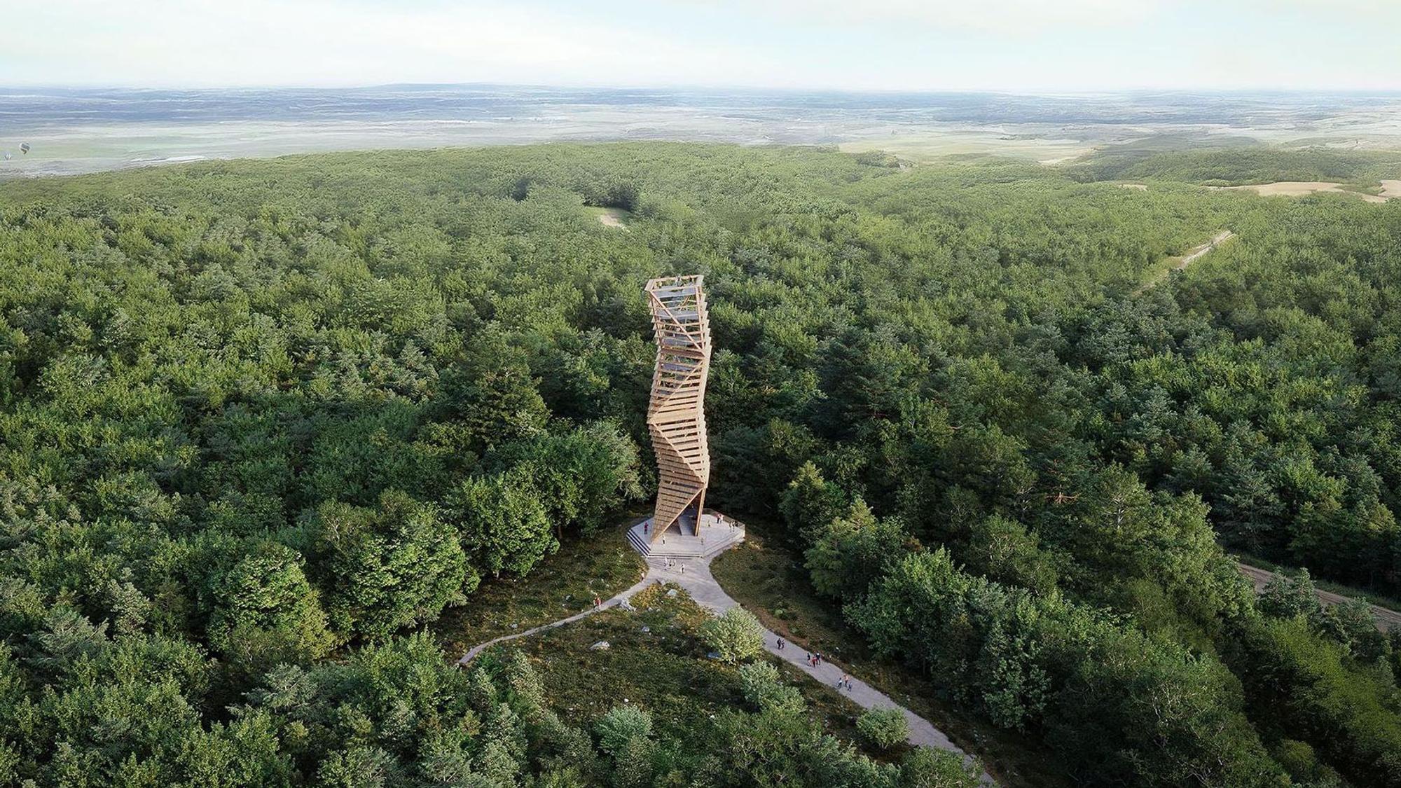 Das Bild zeigt den Turm inmitten der bewaldeten Sophienhöhe.