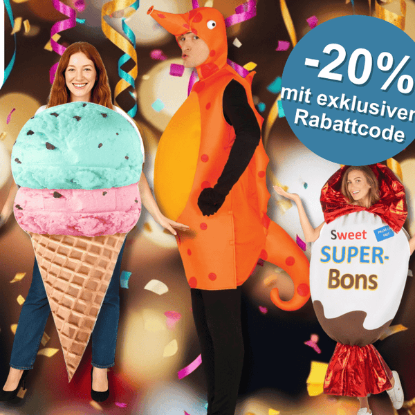 Auf dem Bild sind verschiedene lustige Karnevalskostüme zu sehen, zum Beispiel ein Hot Dog Kostüm, ein Babybel Kostüm, ein Seepferdchen Kostüm, ein Bier Kostüm und mehr. Die Kostüme sind vor einem bunten Hintergrund mit Konfetti platziert.