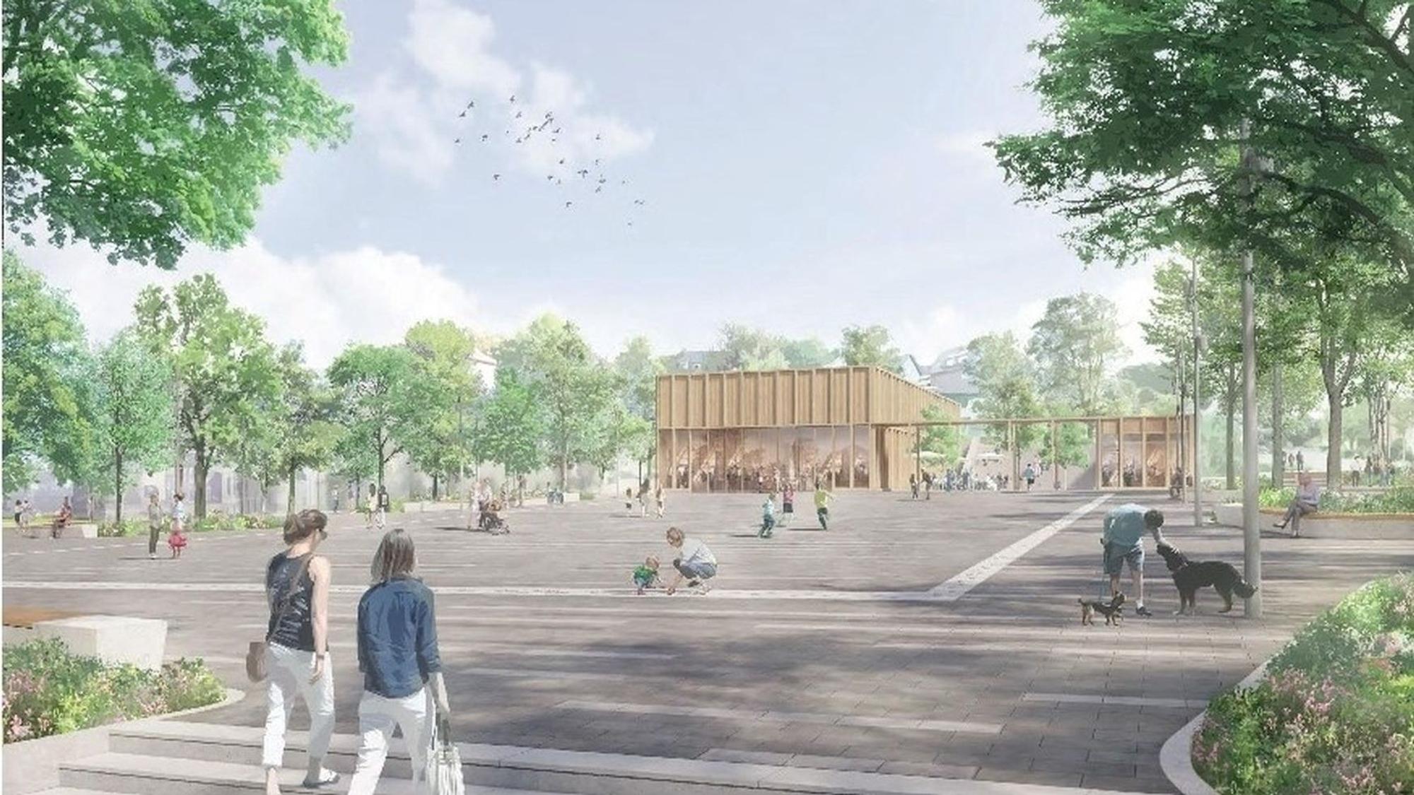 So könnte der Marktplatz mit der neuen Multifunktionshalle darauf in der Waldbröler Stadtmitte künftig aussehen. Der Gewinnerentwurf stammt aus dem Kölner Planungsbüro Club L94.