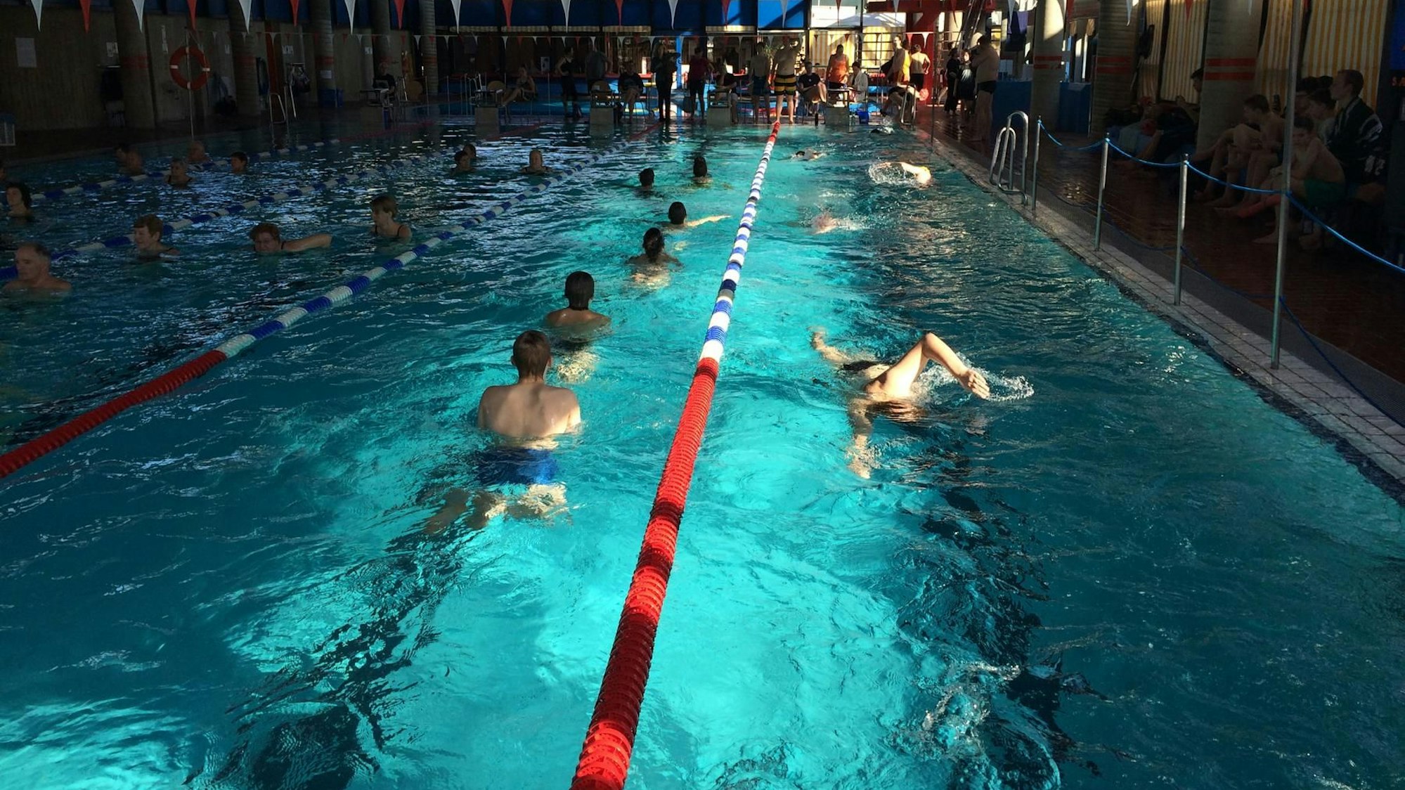 Schwimmer schwimmen in einem Hallenschwimmbad.