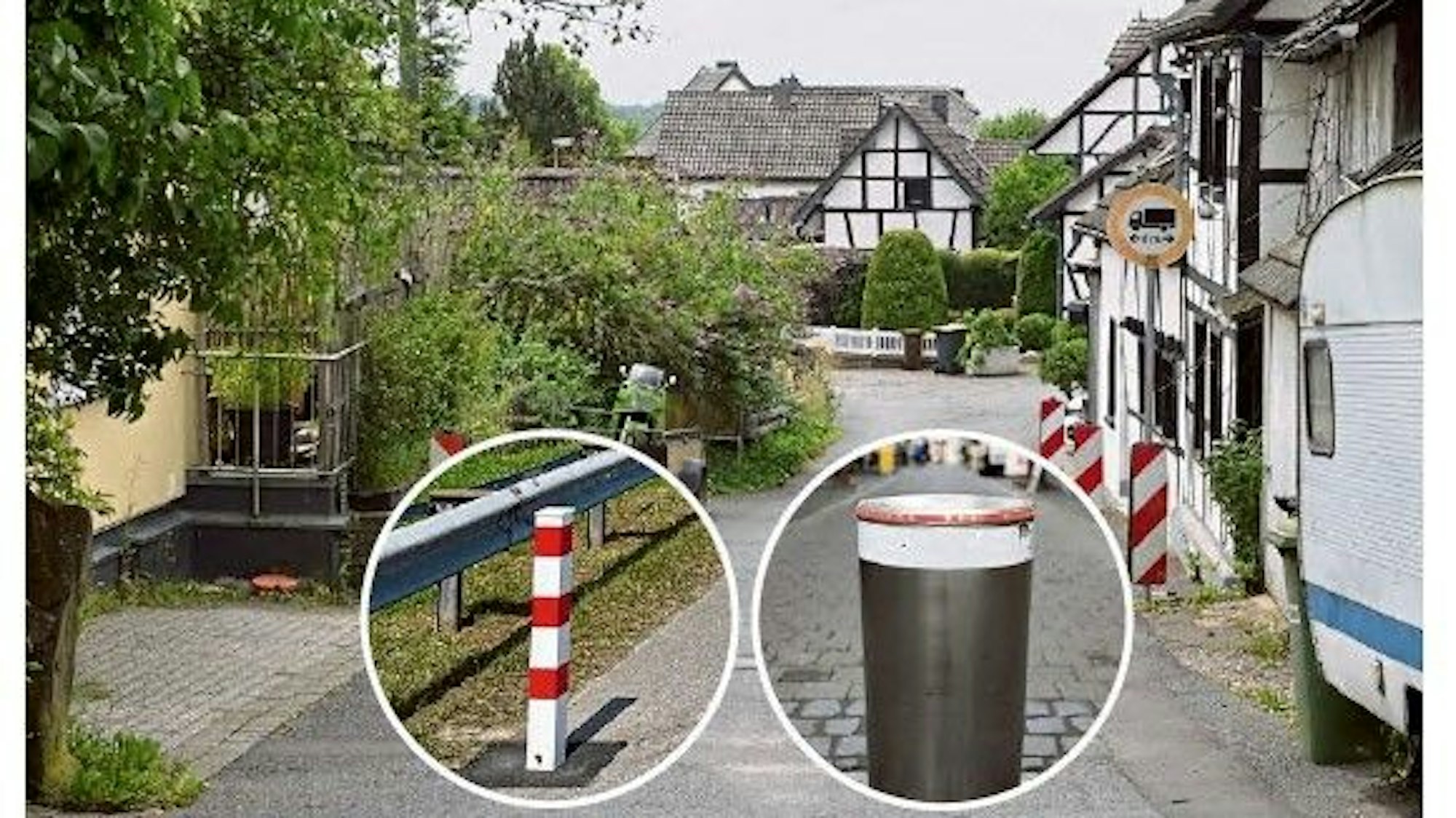 Eine enge Straße, die Durchfahrt Menzlingen, auf der Straße sieht man in einer Fotomontage zwei Pollern