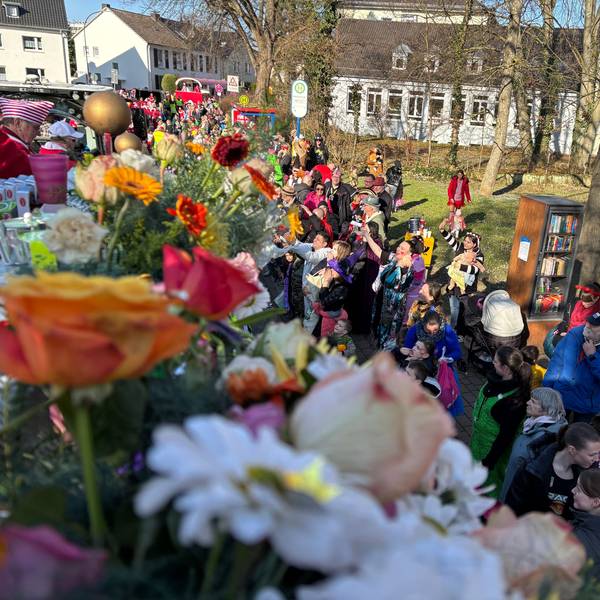 Der Karnevalszug geht durch Troisdorf. Am Straßenrand stehen verkleidete Menschen.