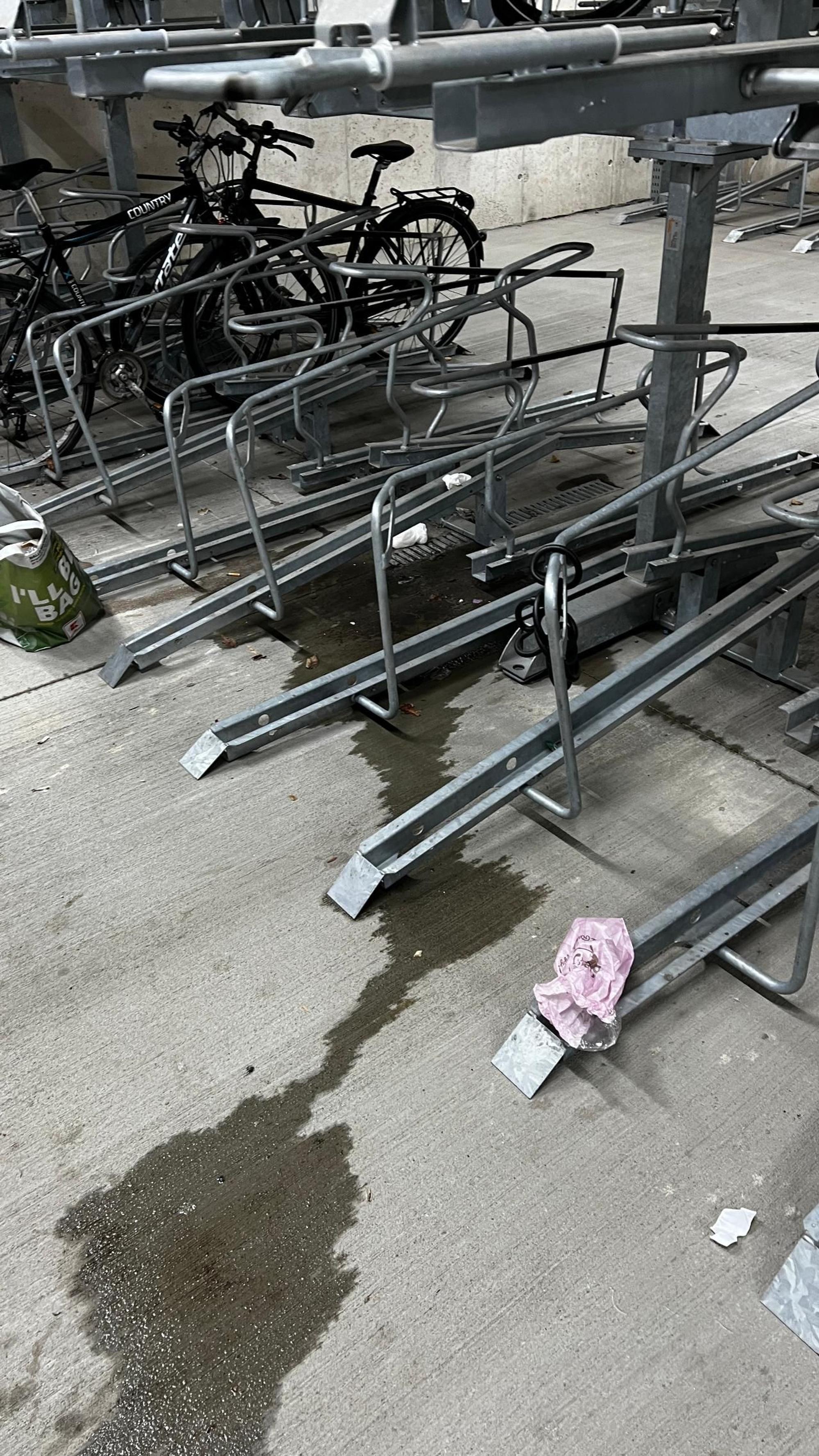 Das Foto zeigt eine Fahrradstation, in der Müll liegt. Eine Pfütze ist zu sehen.
