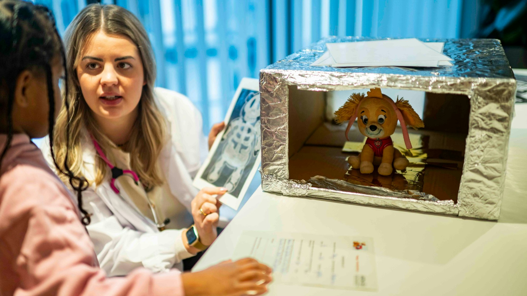 Das Bild zeigt ein Kuscheltier in einem selbstgebauten Röntgengerät.