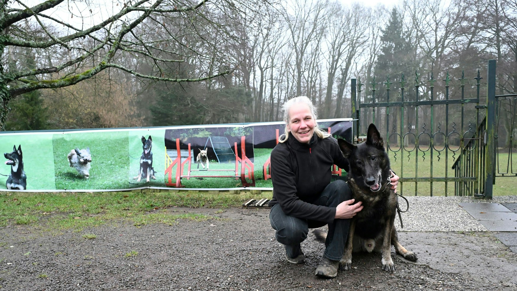 Eine ältere, dunkel gekleidete Frau hockt neben einem dunklen Schäferhund mit grauer Schnauze. Im Hintergrund der Trainingsplatz des Vereins.