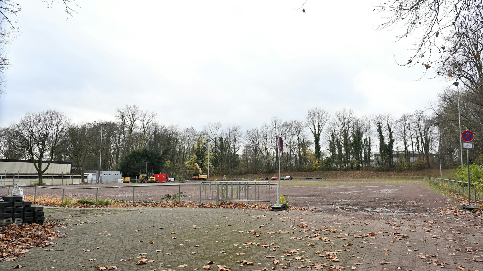 Ein alter sanierungsbedürftiger Ascheplatz. Darauf Herbstlaub.