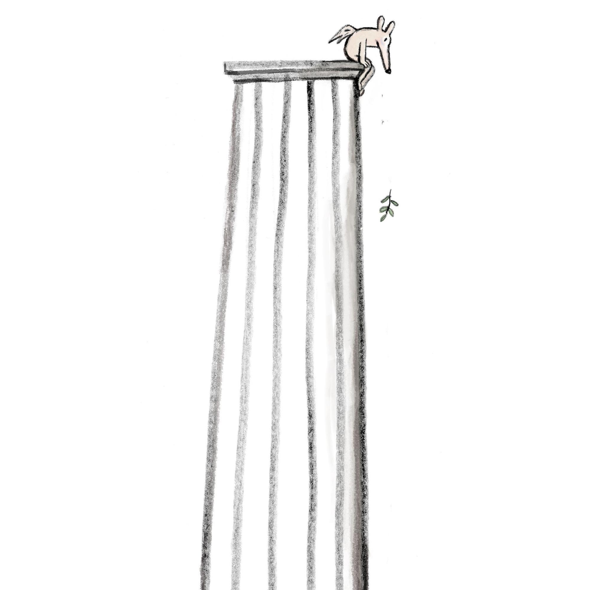 Die Zeichnung einer geflügelten Maus, die auf einer antiken Säule sitzt und nach unten schaut.