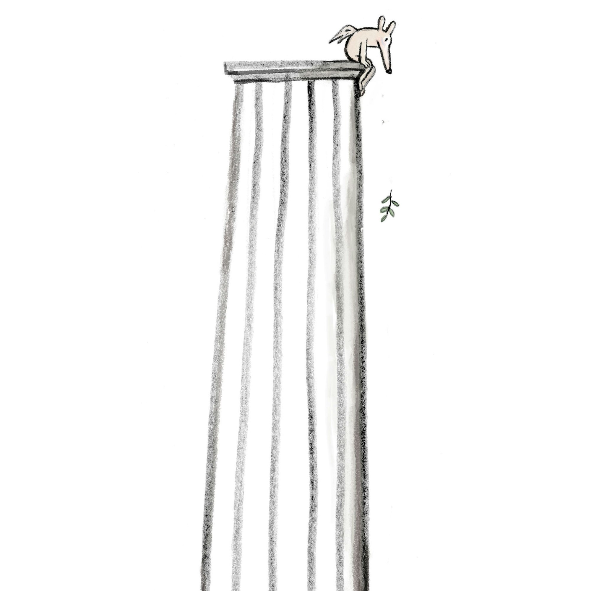 Die Zeichnung einer geflügelten Maus, die auf einer antiken Säule sitzt und nach unten schaut.