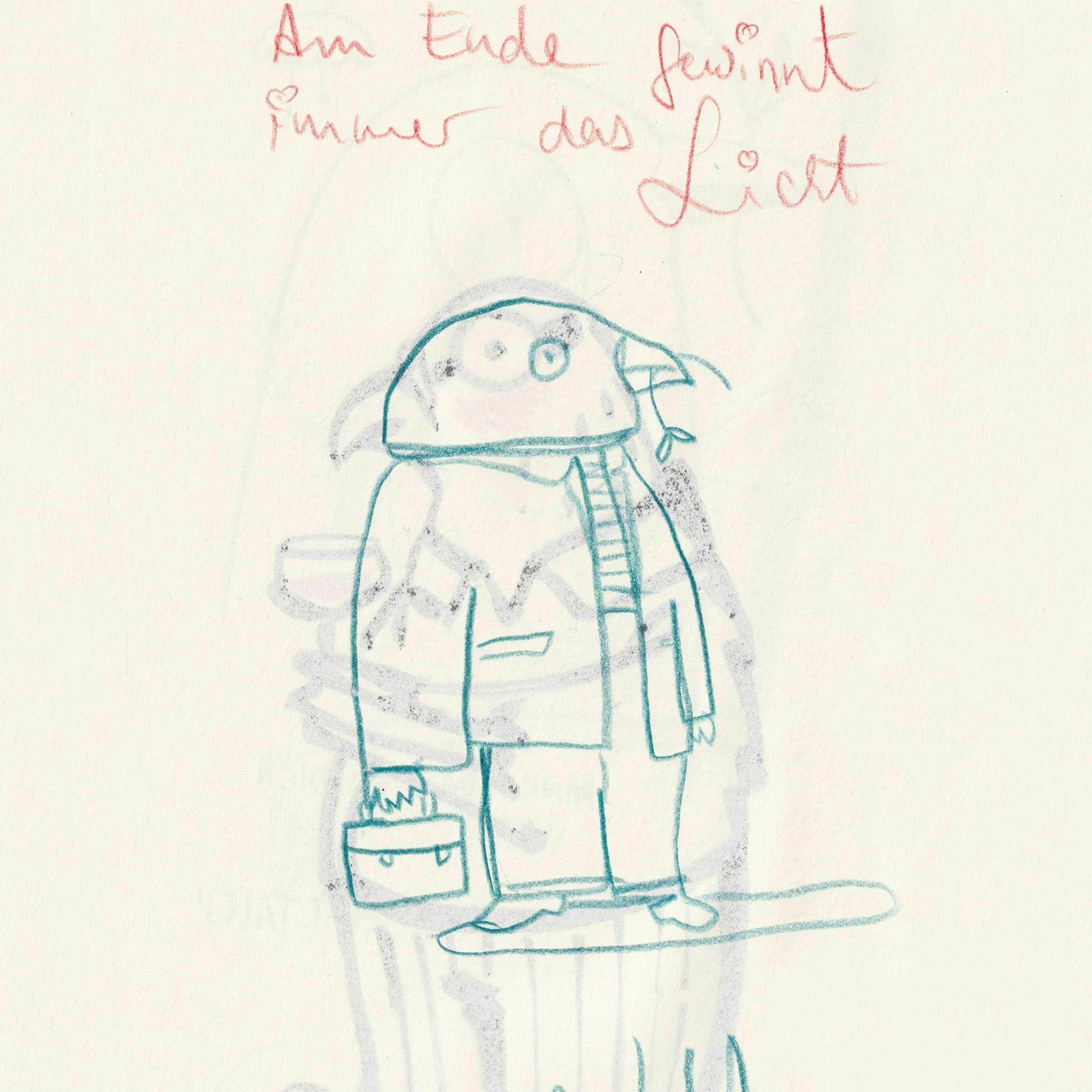 Eine Zecihnung eines Vogels im Anzug und mit Aktentasche.