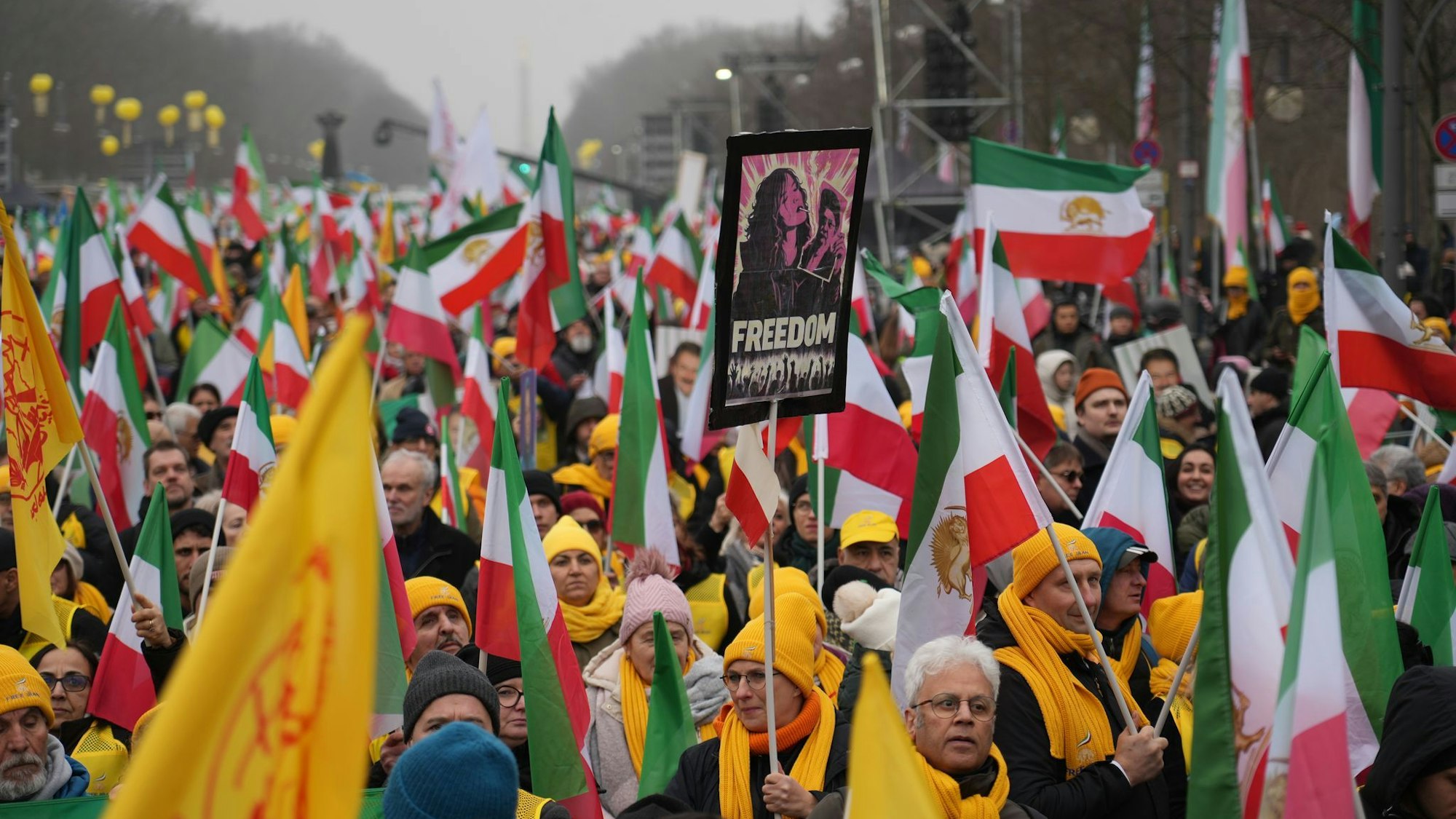 Demonstranten mit Plakaten und Transparenten am Brandenburger Tor in Berlin.