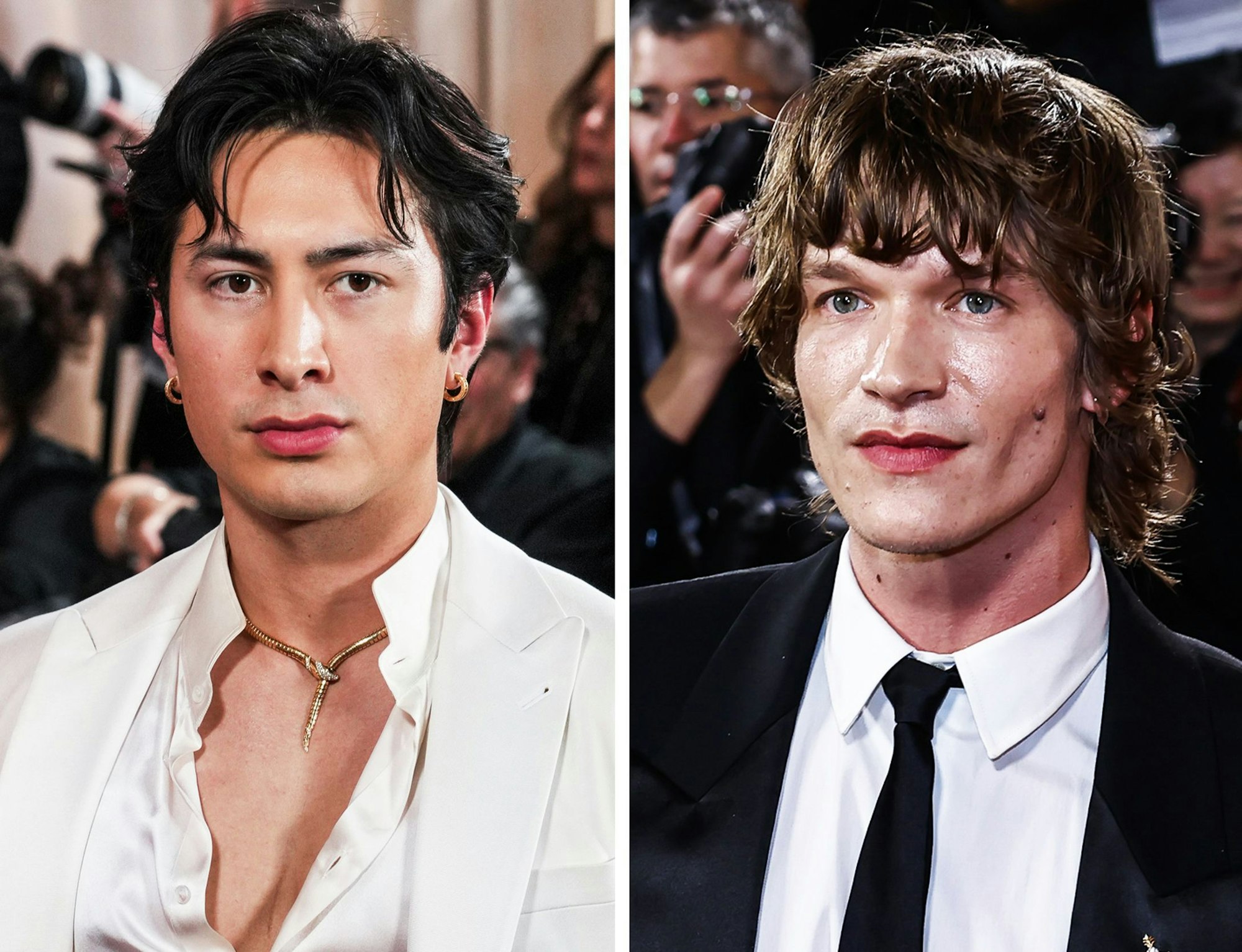 11.01.2026, USA, Los Angeles: KOMBO - Hudson Williams (r) bei der 83. Verleihung der Golden Globes im The Beverly Hilton in Beverly Hills und Connor Storrie ebenfalls bei der 83. Verleihung der Golden Globes im The Beverly Hilton in Beverly Hills. Foto: Sthanlee Mirador/Corine Solberg/Press Association/dpa +++ dpa-Bildfunk +++