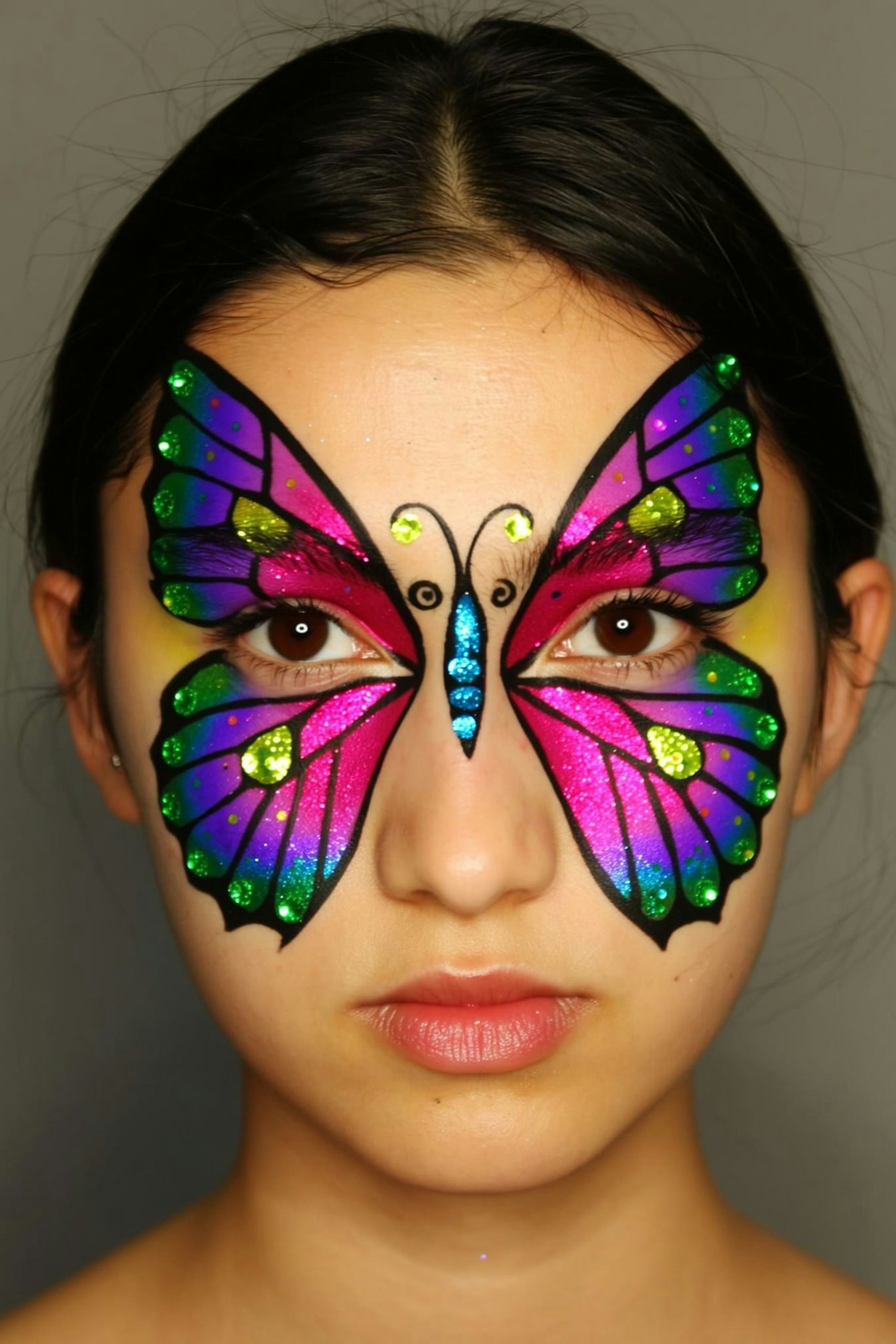 Geschwungene Flügelformen und kräftige Farben verwandeln das Gesicht in ein farbenfrohes Schmetterlingsmotiv.