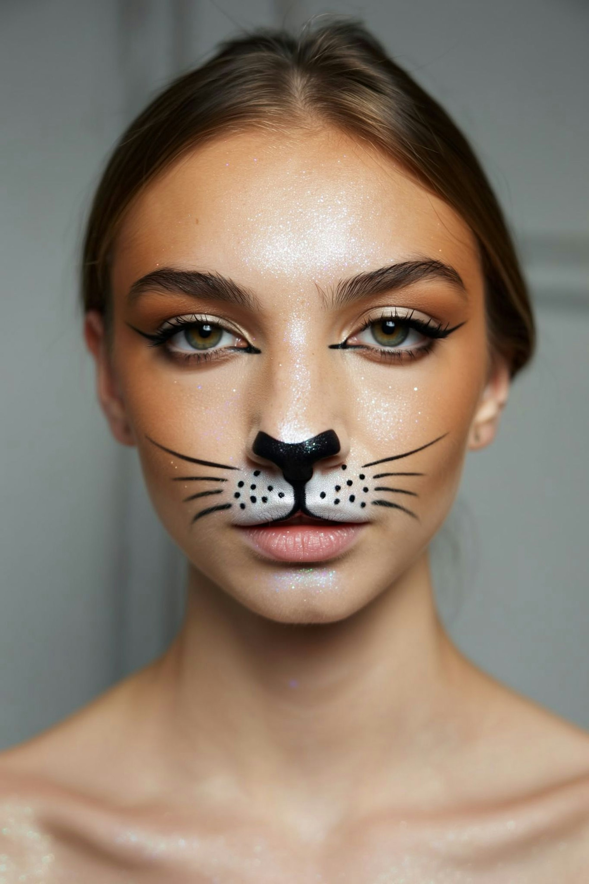 Schlanke Lidstriche, zarte Schnurrhaare und eine dunkle Nasenspitze verleihen dem Gesicht die Eleganz einer Samtpfote.