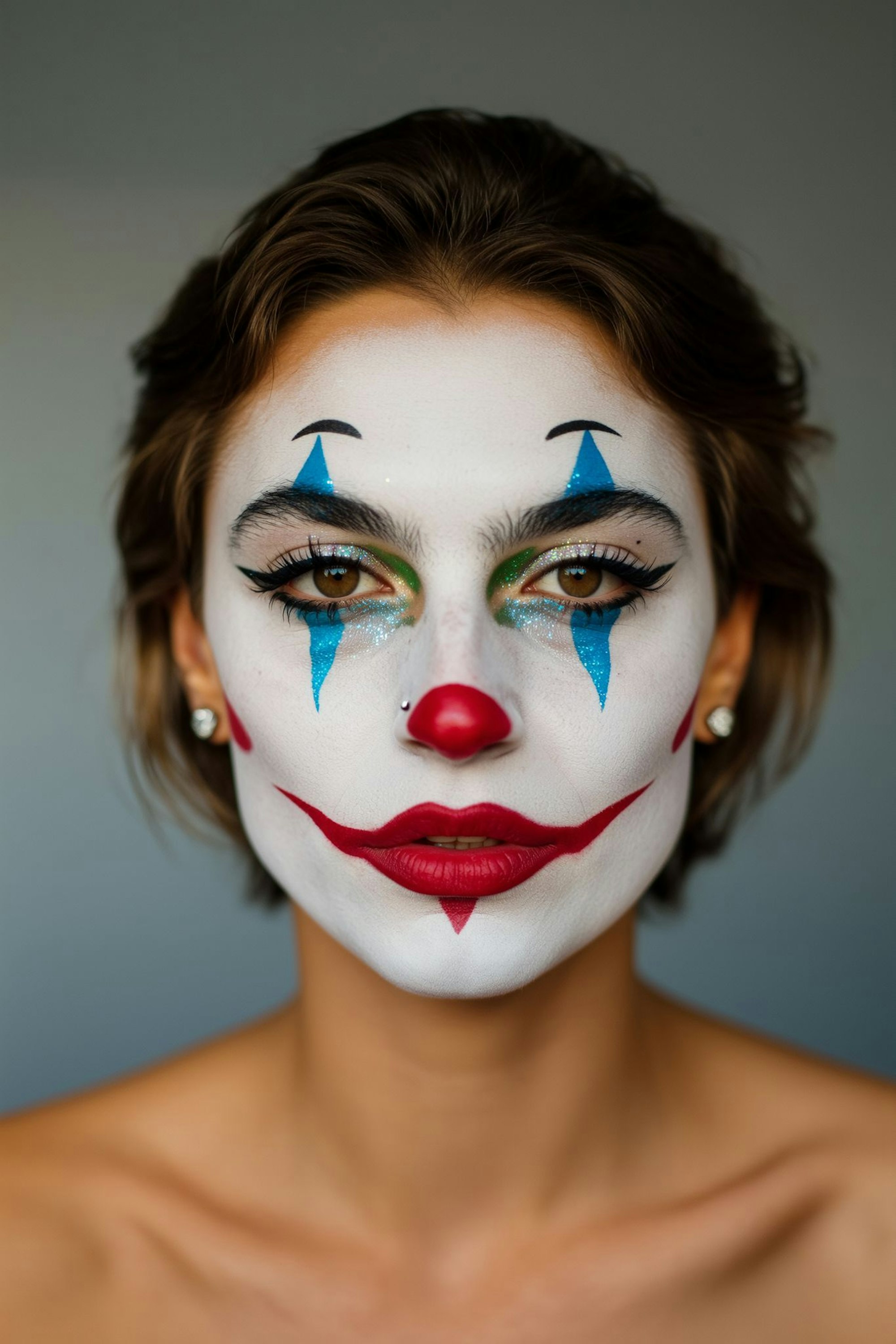 Weiße Grundierung, überzeichnete rote Lippen und bunte Akzente prägen den klassischen Clown-Look.