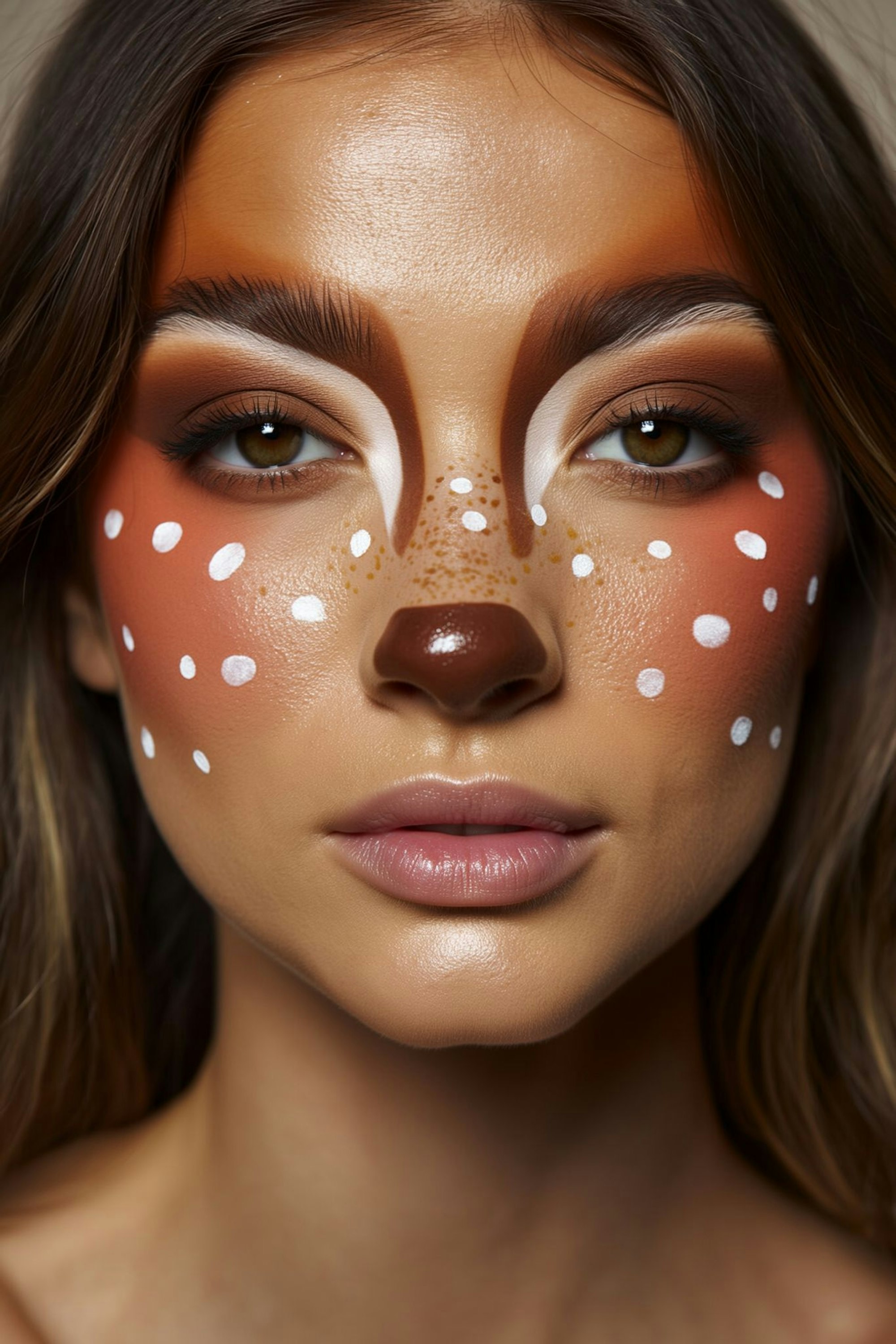 Für Karneval lässt sich das Gesicht mit hellen Flecken, sanften Konturen und dezenten Augenakzenten in ein Reh verwandeln.