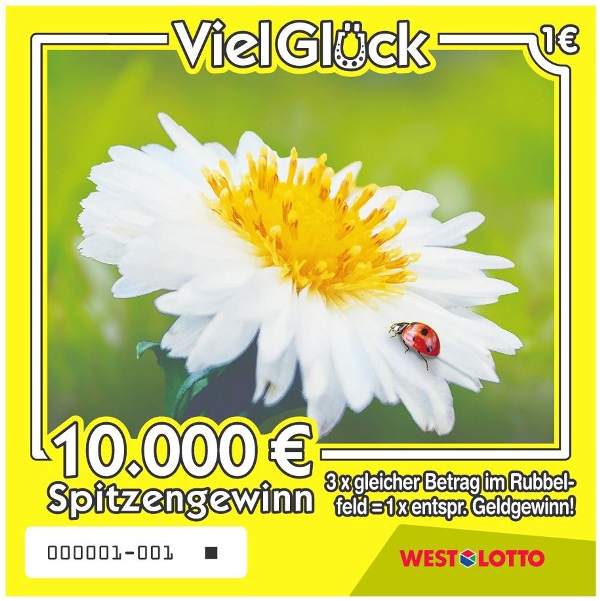 Das Bild zeigt eines der vier neuen Designs des WestLotto-Rubbellos Viel Glück mit einer großen weißen Blüte, deren gelbe Mitte im Fokus steht. Auf einem der Blütenblätter sitzt ein kleiner Marienkäfer, während unten der mögliche Spitzengewinn von 10.000 Euro erwähnt wird.