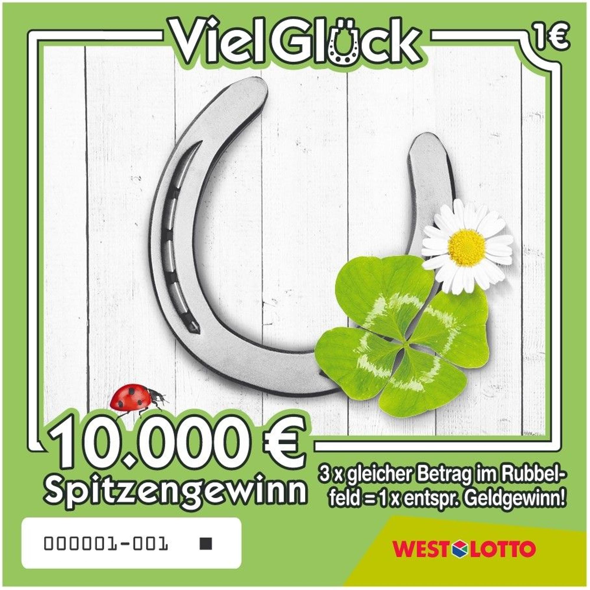 Das Bild zeigt eines der vier neuen Designs des WestLotto-Rubbellos Viel Glück mit einem silbernen Hufeisen, einem vierblättrigen Kleeblatt und einer weißen Blume als Glückssymbole. Unten ist ein Marienkäfer zu sehen, begleitet vom Hinweis auf den möglichen Spitzengewinn von 10.000 Euro.