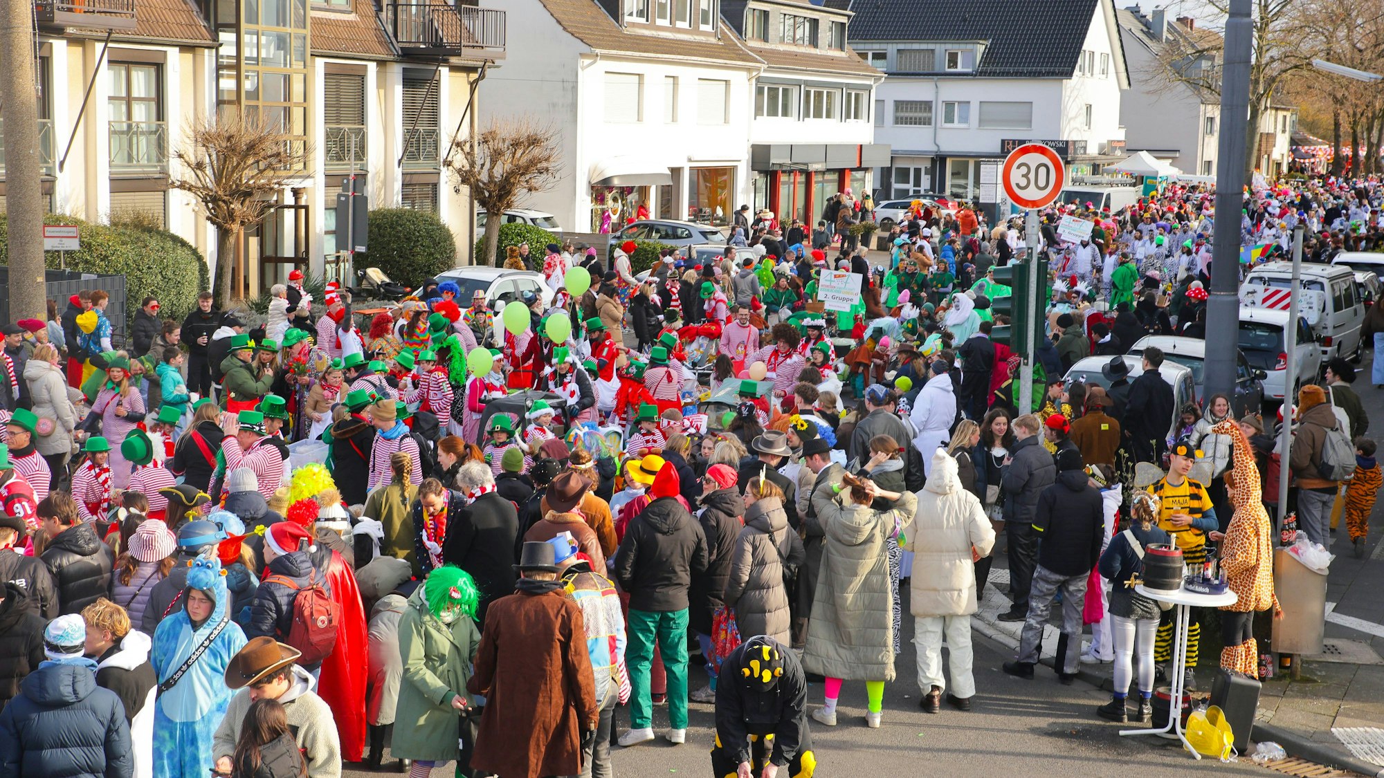 Eine Straße ist voll mit kostümierten Menschen.