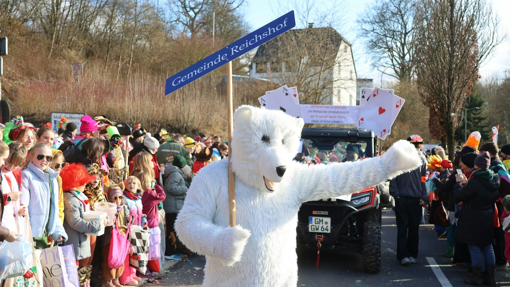 Ein Karnevalswagen bei einem Zug.