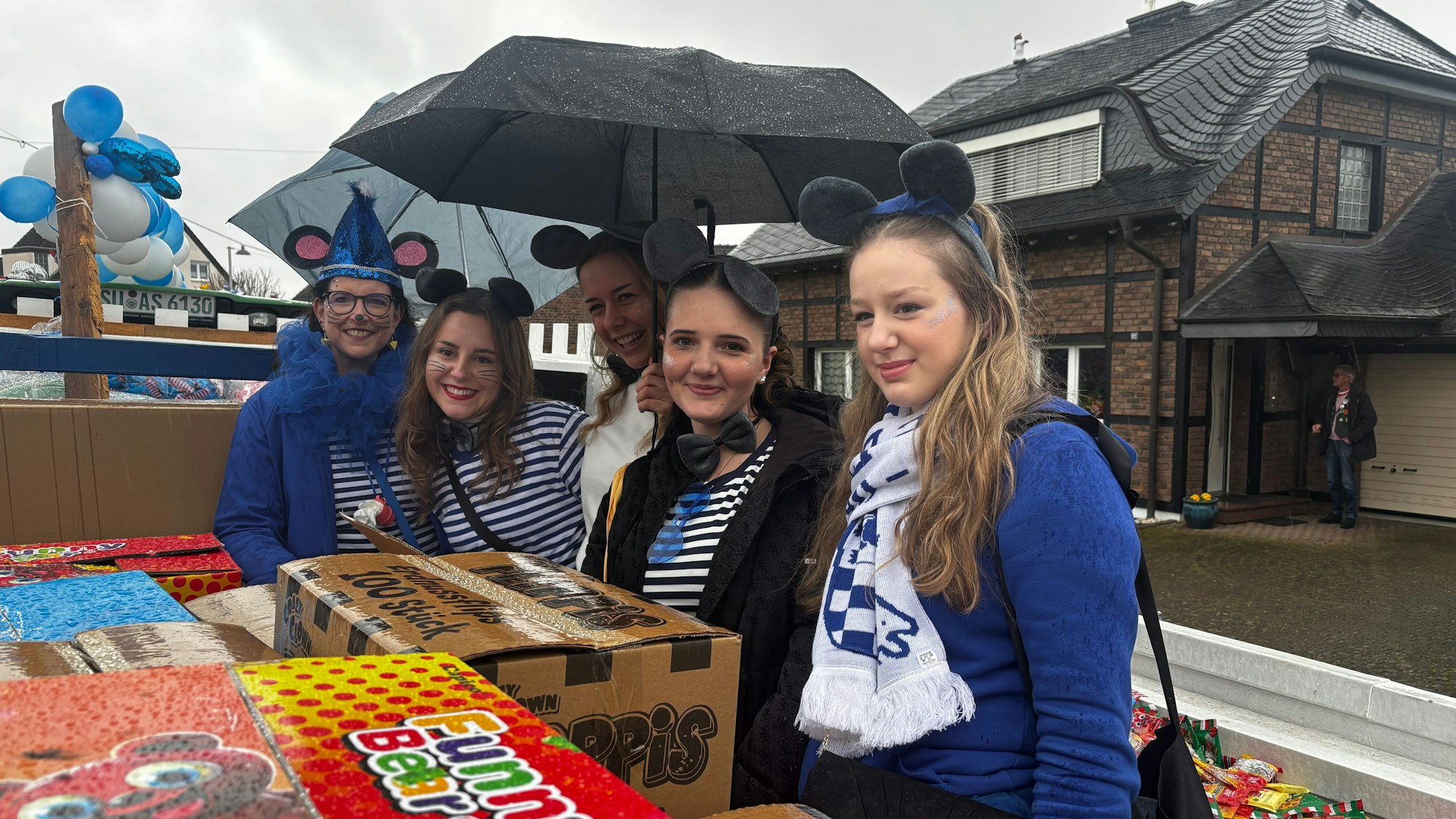 Die Mäuse der KG Menden stehen auf ihrem Wagen.